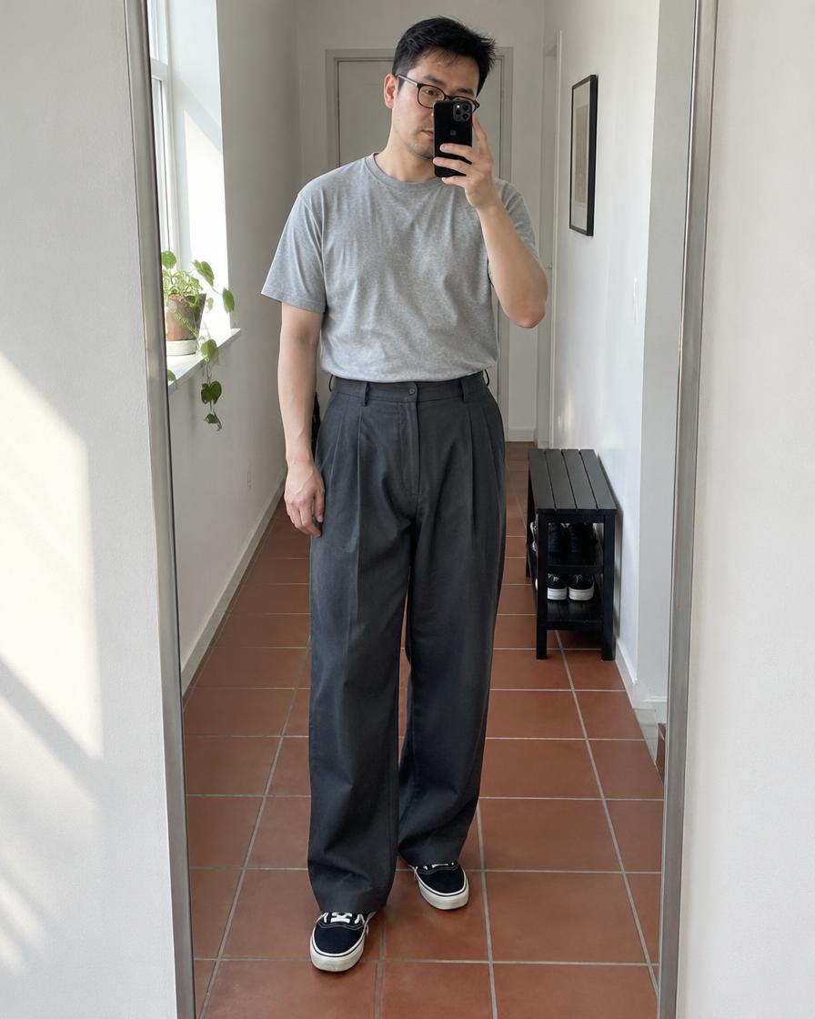 Pleated trousers — Mirror selfie